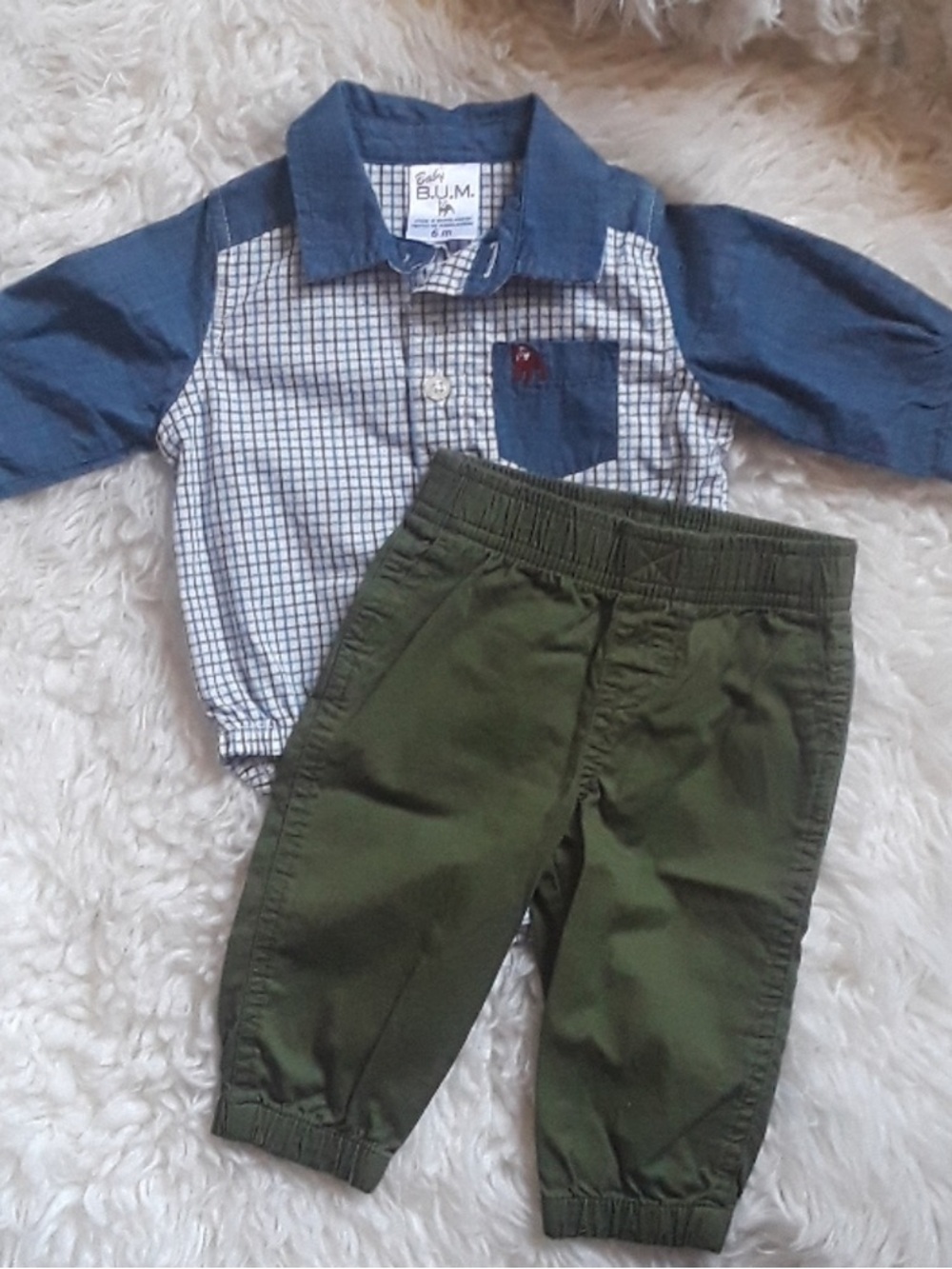 B.U.M. Baby Plaid Button Romper with Blue Details & Olive Pants